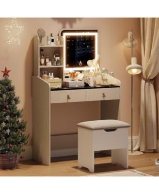 2-Drawer LED Vanity Table, Lighted Makeup Desk with Charging Station and White-Black Tabletop