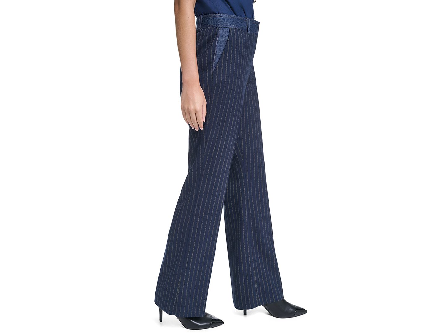 Женские брюки KARL LAGERFELD PARIS Petite Striped Straight-Leg Denim Waistband, цвет: Тёмно-синий / Золотой — фото 3