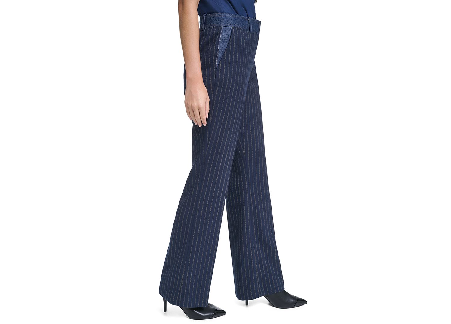 Petite Striped Straight-Leg Denim Waistband Pants