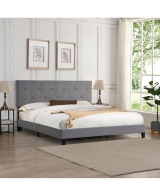 King Size Upholstered Platform Bed Frame with Button Tufted Linen Headboard, Wood Slat Support, No Box Spring Needed