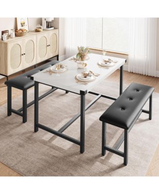 4 Person Dining Table Set with 2 Upholstered Benches Rectangular Kitchen Table for Small Apartments, Modern Dining Bench Set for 4