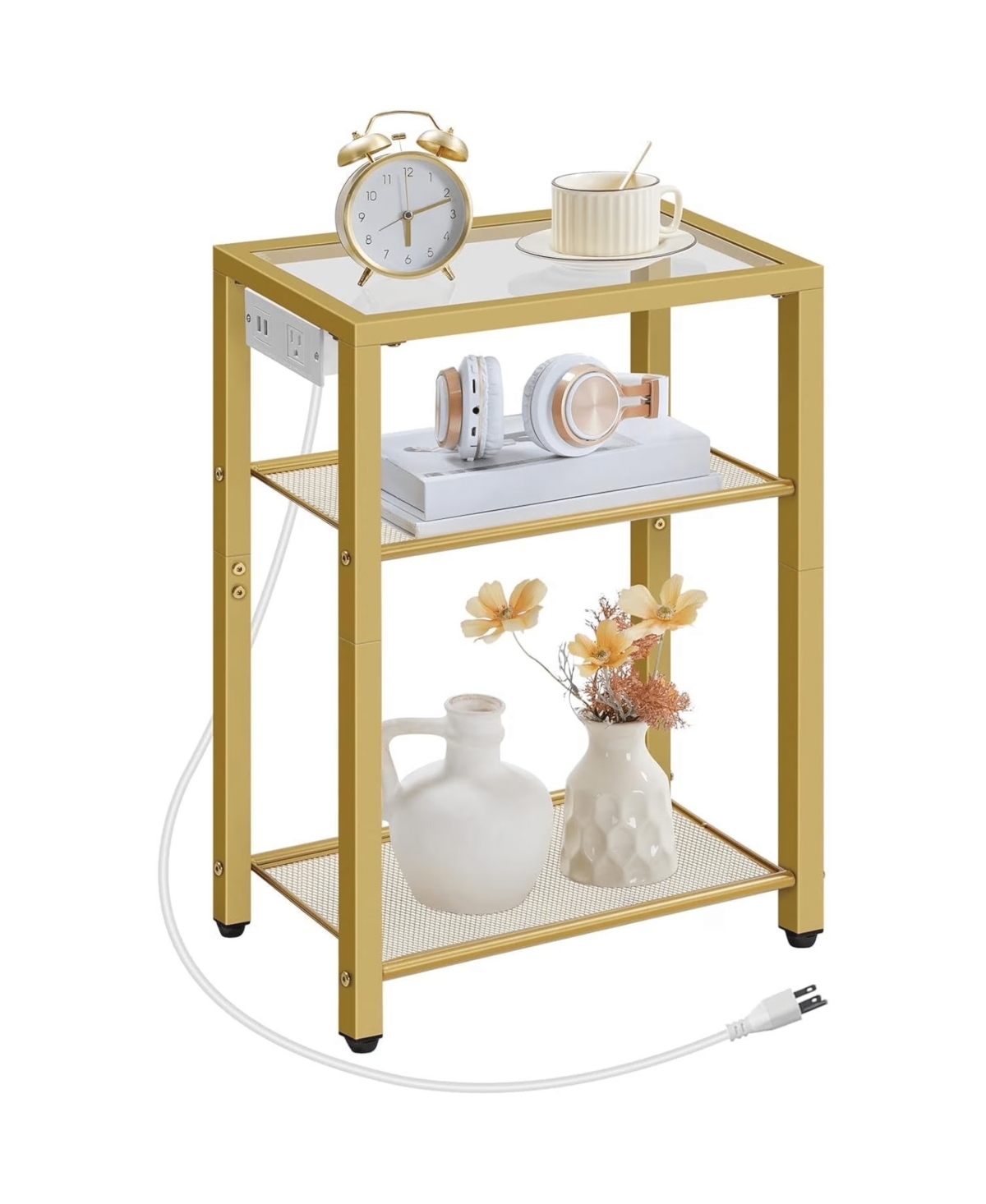 Slickblue End Table with Charging Station, 3-Tier Glass Shelves and Usb Ports