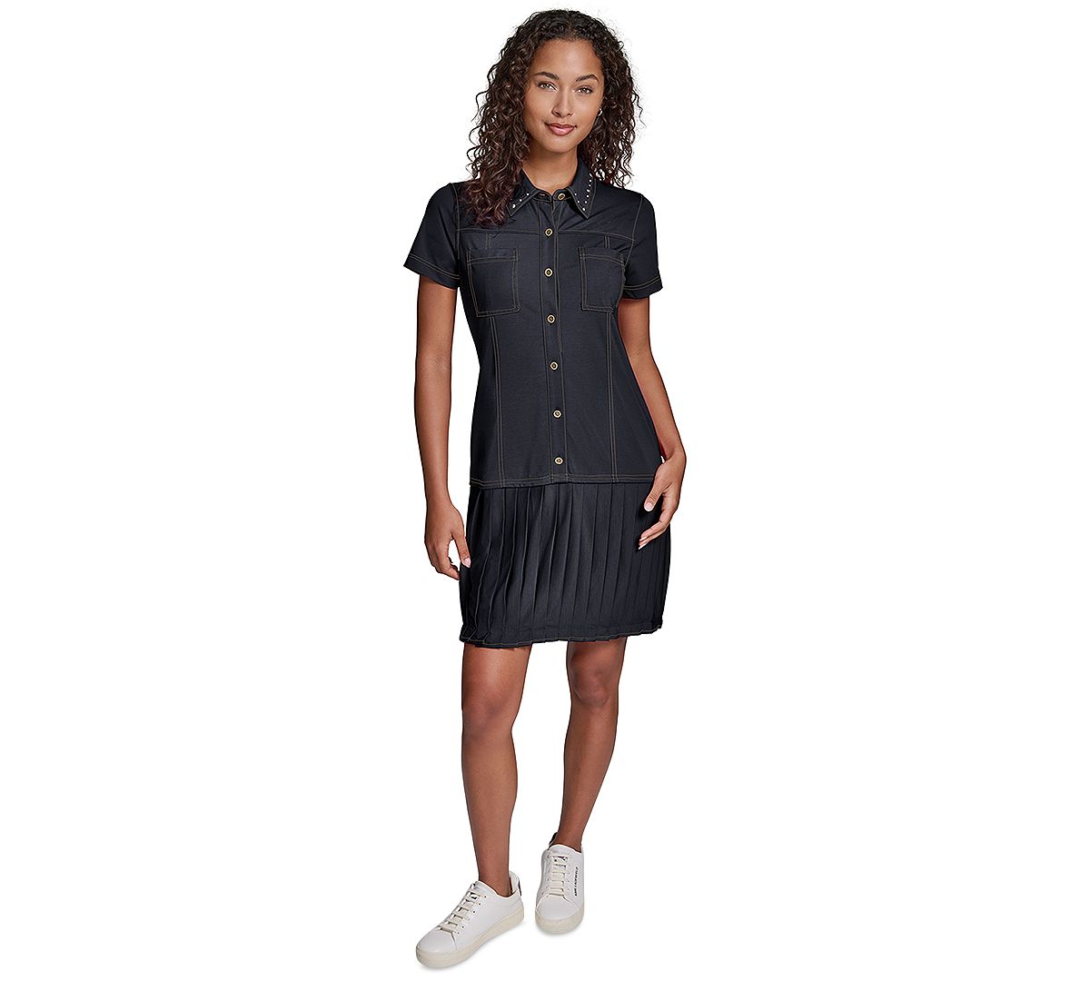 KARL LAGERFELD PARIS Women's Belted Collared Jersey Shirt Dress view 2 — MAYCSS fashion products