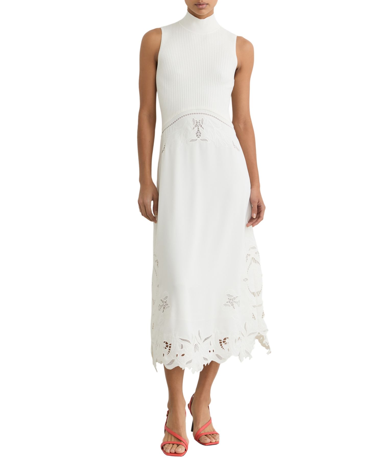 Women's Rib-Knit Mix Broderie Midi Dress
