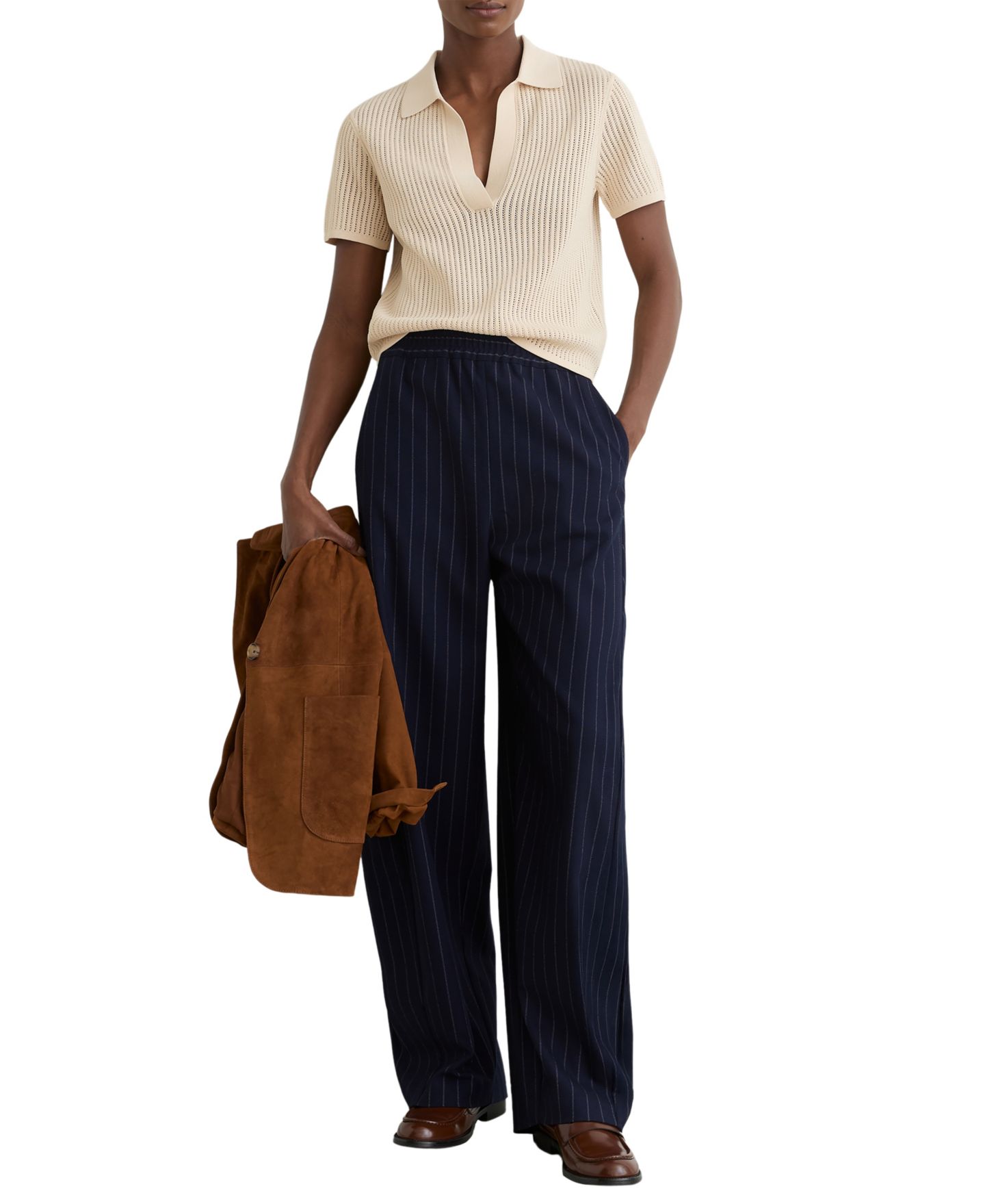 Женский топ REISS Open-Stitch Knitted Polo, цвет: Слоновая кость — фото 2