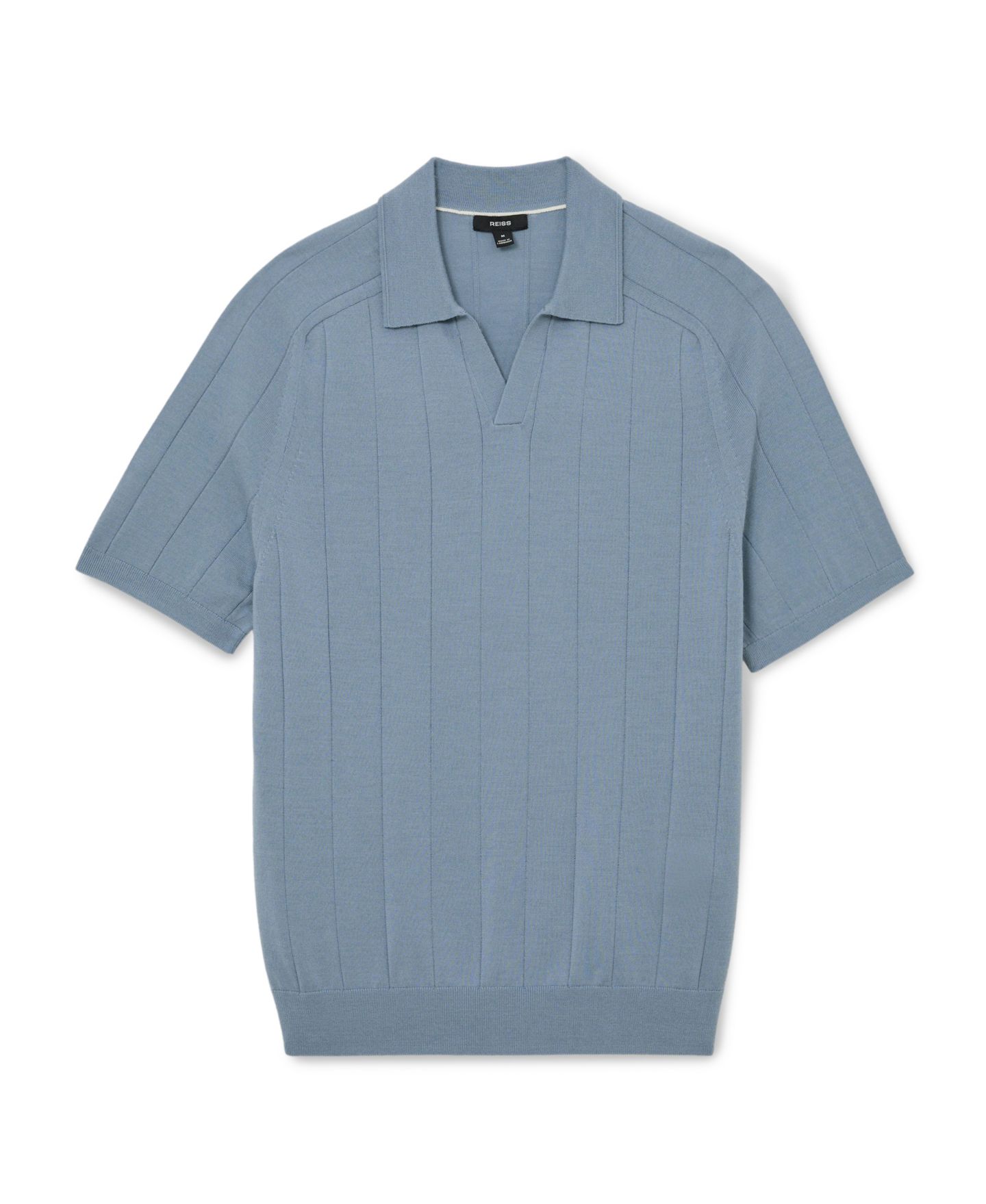 Мужская рубашка REISS Chelmsford Open Collar Wide Rib Merino Wool Jumper Polo Shirt, цвет: Синий — фото 3