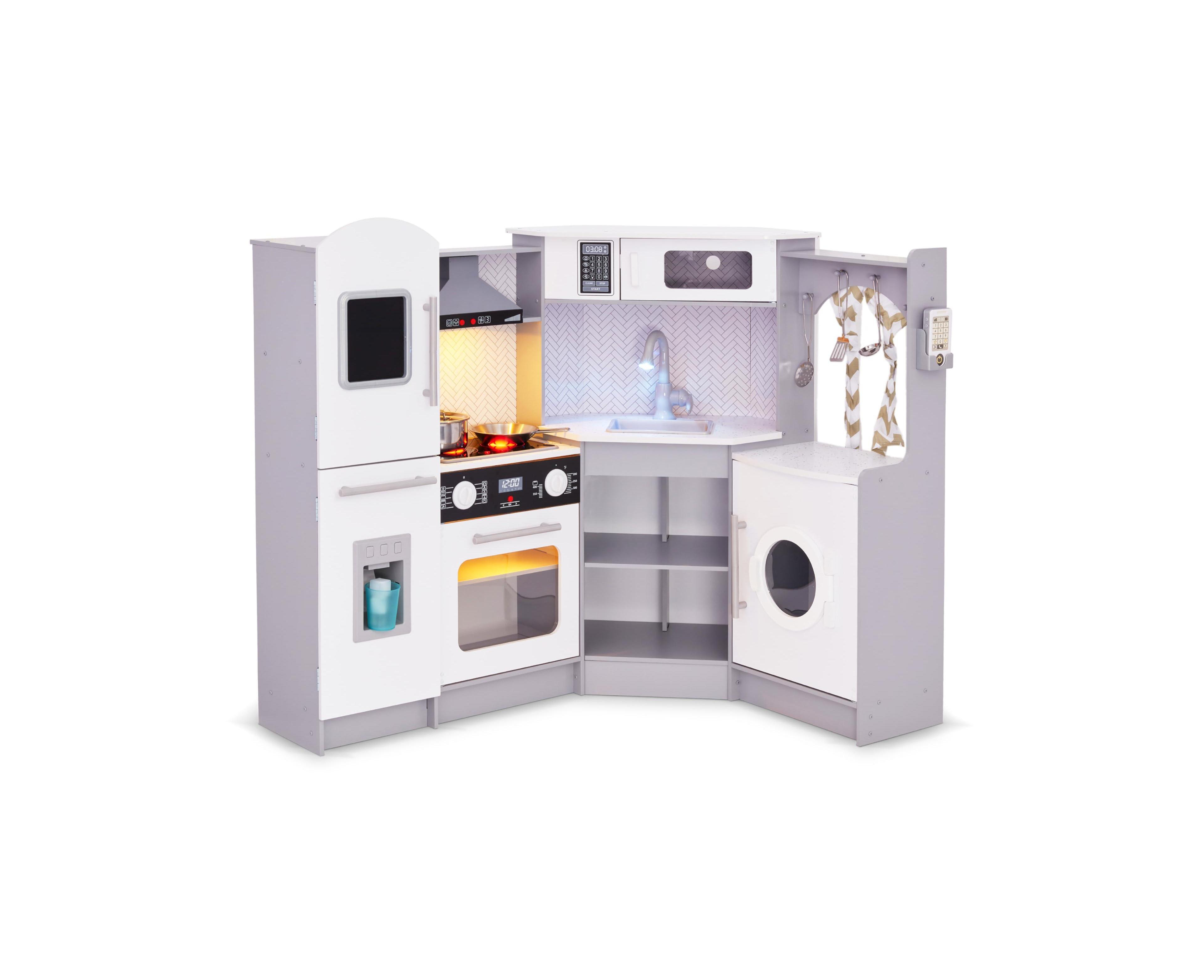 Lil' Jumbl Corner Kids Kitchen Playset, Pretend Kids Wooden Kitchen with Stovetop, Faucet and More