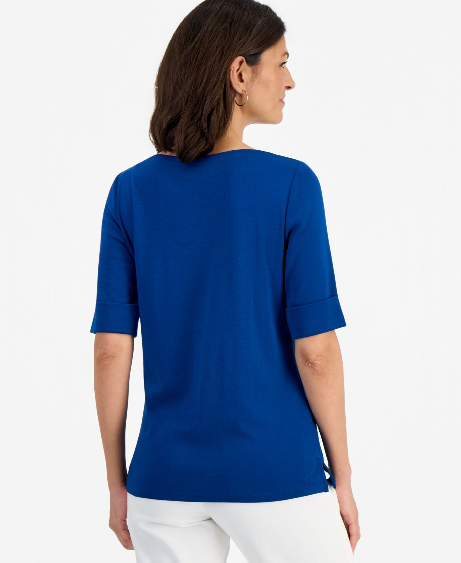Petite Cotton Elbow-Sleeve Boat-Neck Top