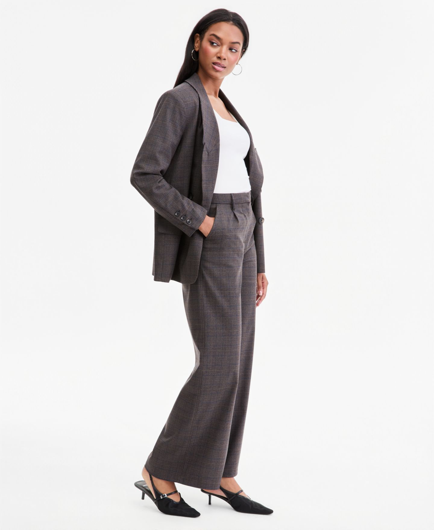 Женские брюки Bar III Plaid High-Rise Wide-Leg, цвет: Коричневый клетчатый — фото 2