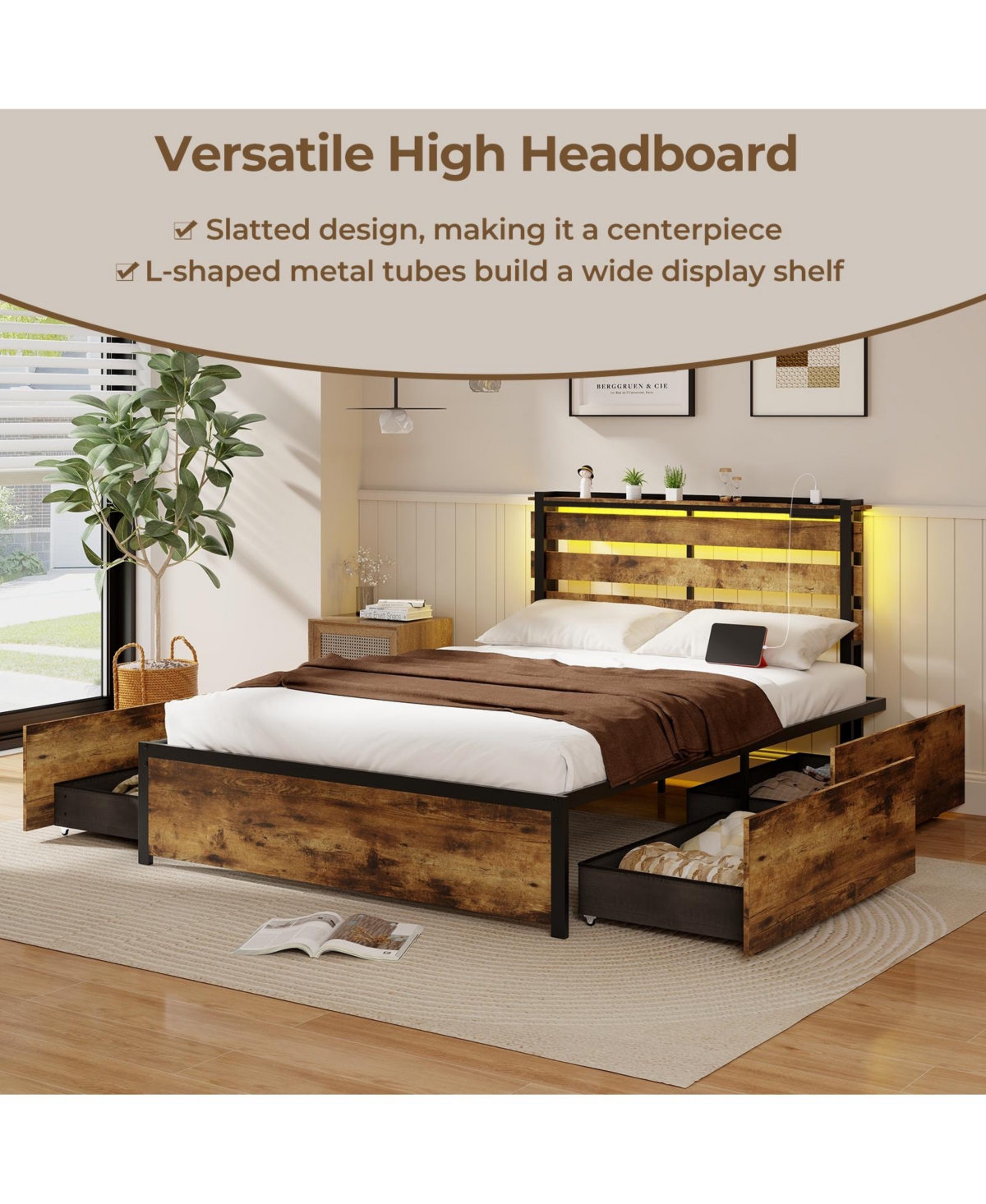 Gouun Bed Frame with Drawers Led Lights and Usb Ports