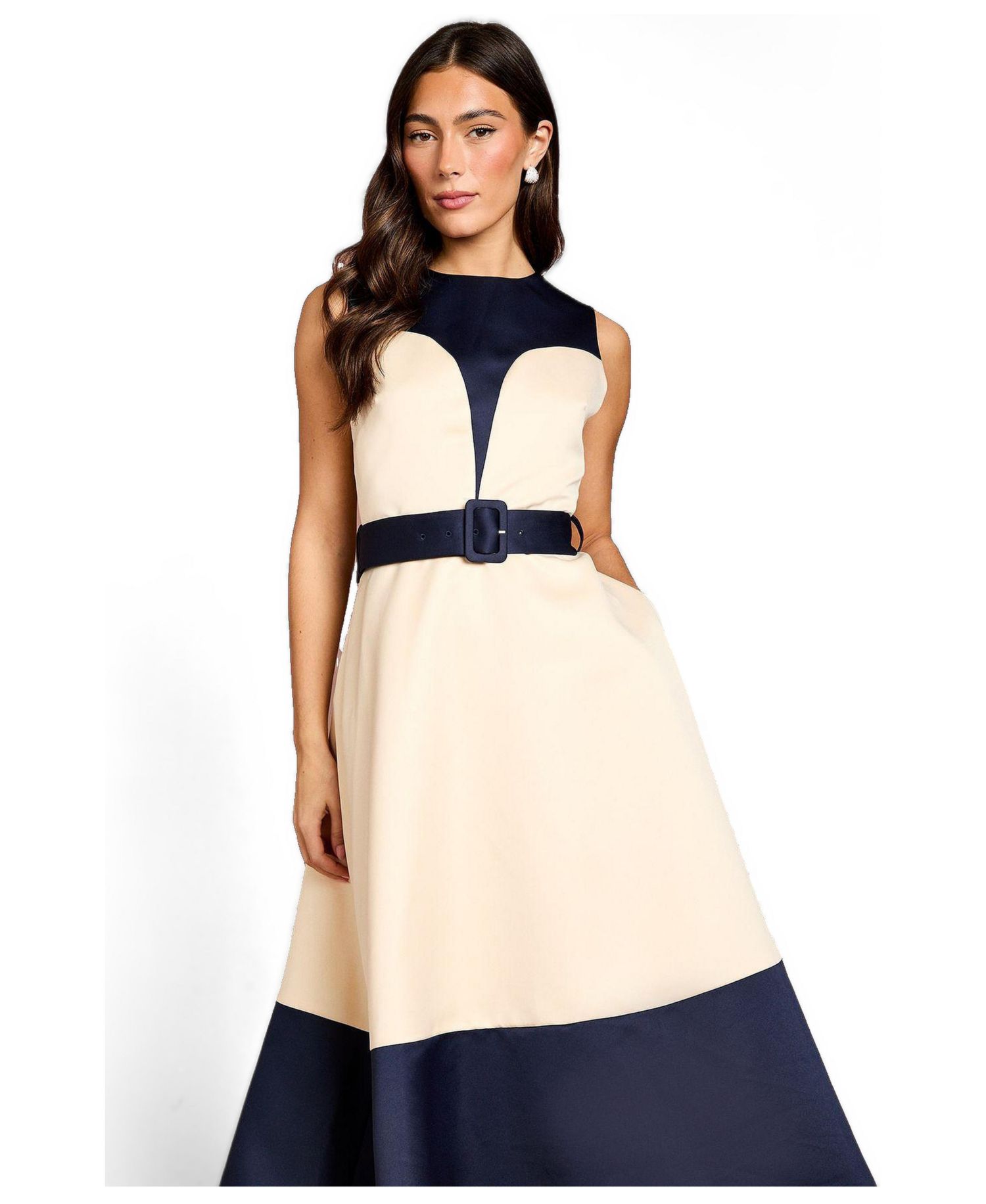 Women's Colour Block Crepe Belted Midi Dress