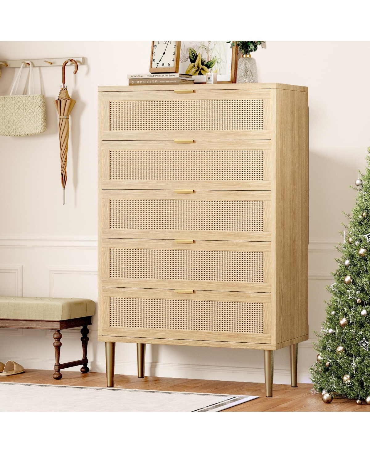 homfan Rattan Front Dresser With Smooth-Glide Drawers And Wide Top, Modern Boho Storage Chest For Bedroom, Hallway Or Living Room, Easy Assembly