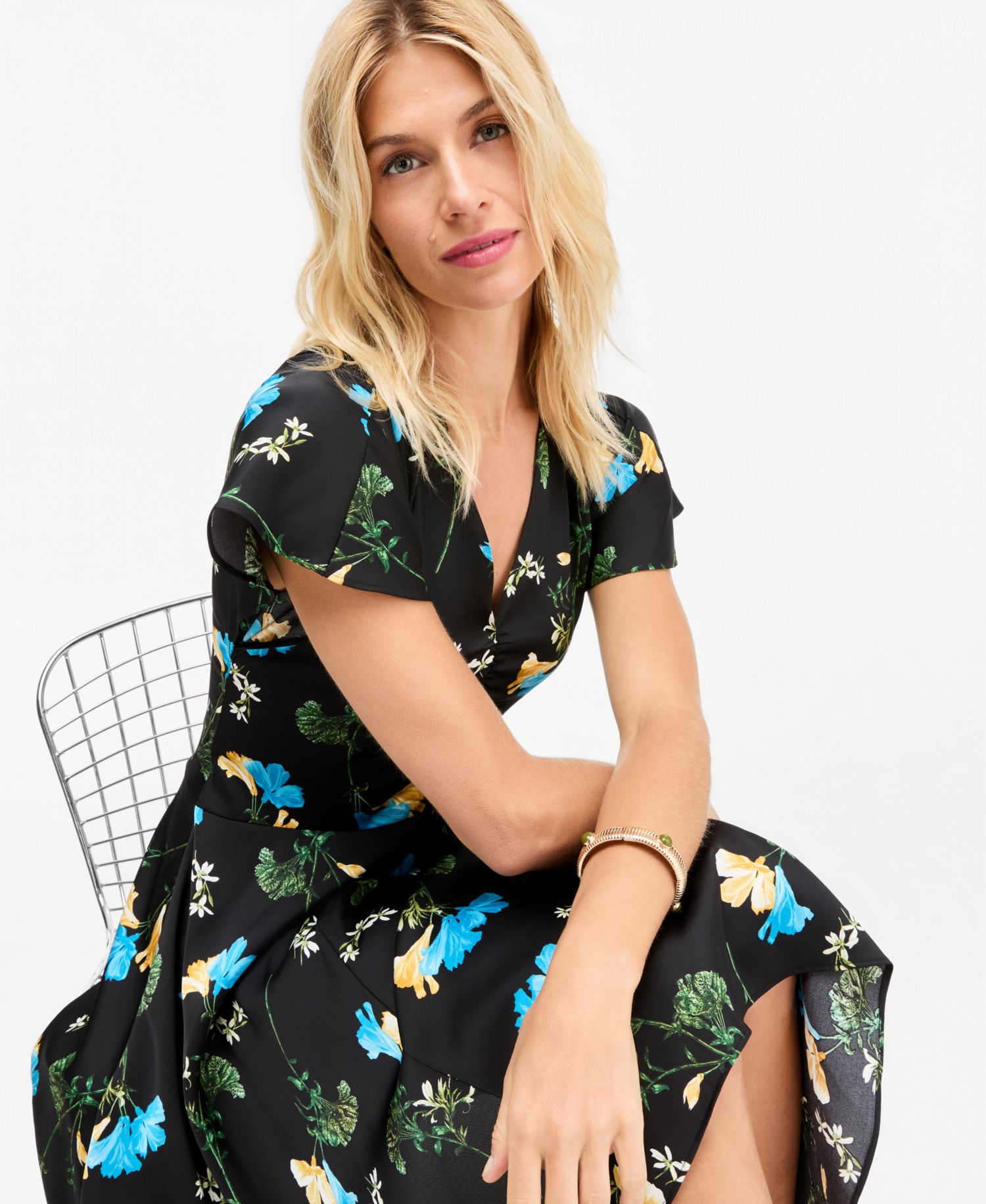 Women's Floral Satin Asymmetrical Hem Midi Dress