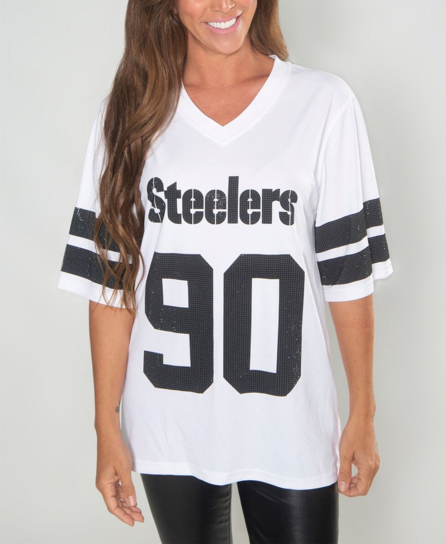 Women's T.J. Watt White Pittsburgh Steelers Crystal V-Neck Tunic