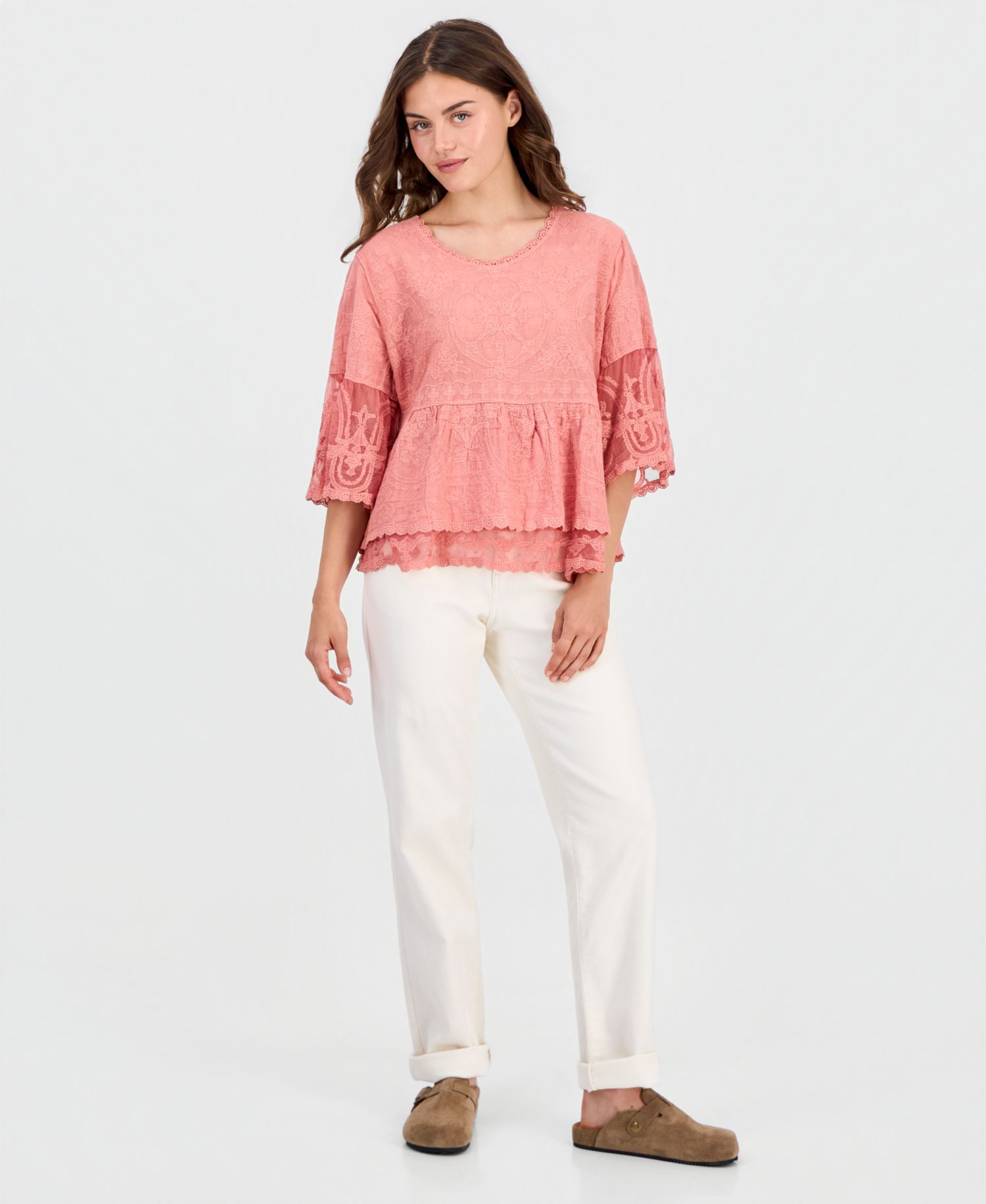 Petite 3-4 Bell Sleeve Lace Peplum Top