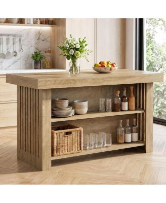 Kitchen Island with Storage: 63" farmhouse butcher block table with open shelves. Rustic counter for dining room, living room.