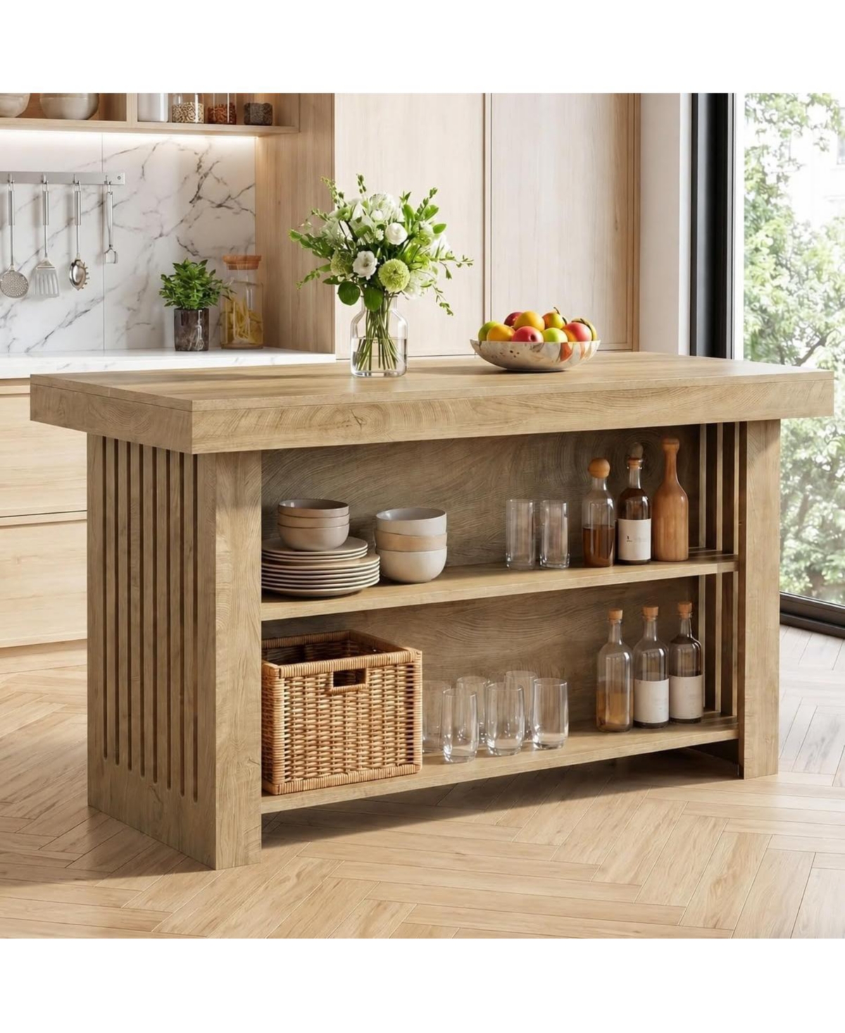 Tribesigns Kitchen Island with Storage: 63" farmhouse butcher block table with open shelves. Rustic counter for dining room, living room.