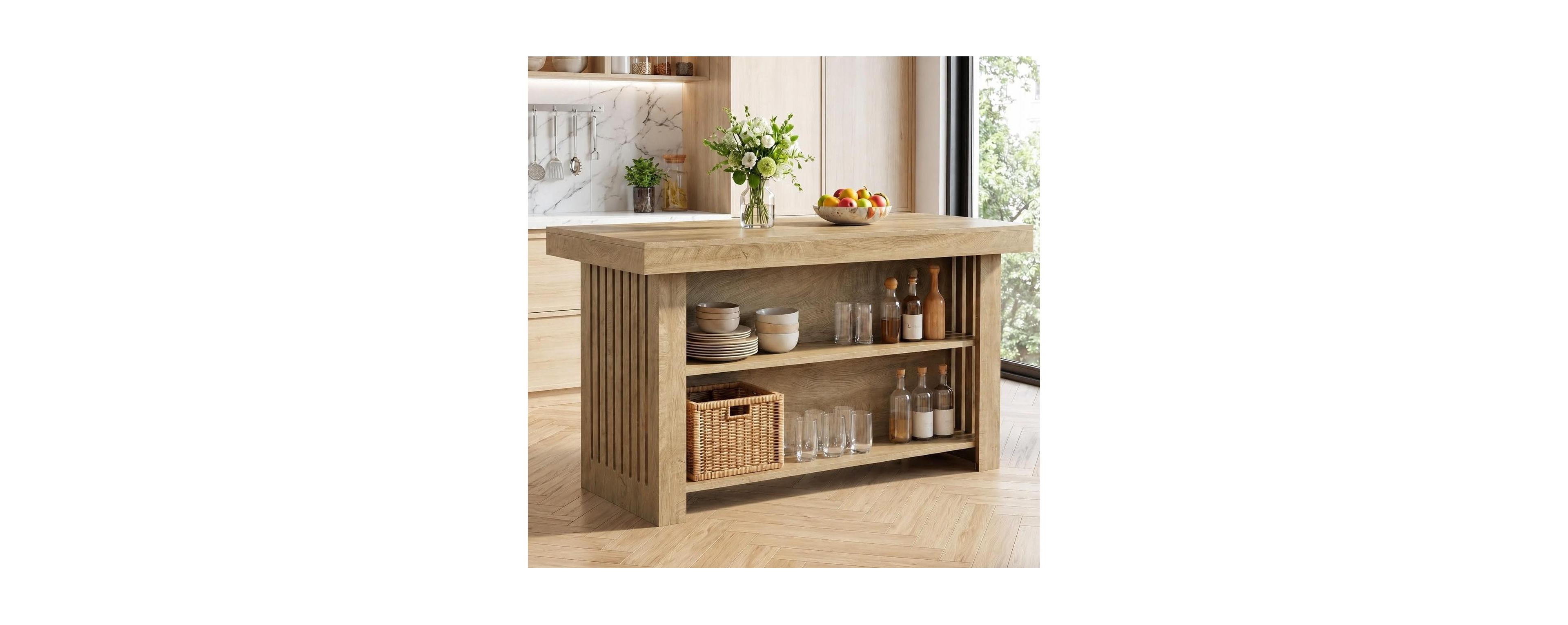 Tribesigns Kitchen Island with Storage: 63" farmhouse butcher block table with open shelves. Rustic counter for dining room, living room.