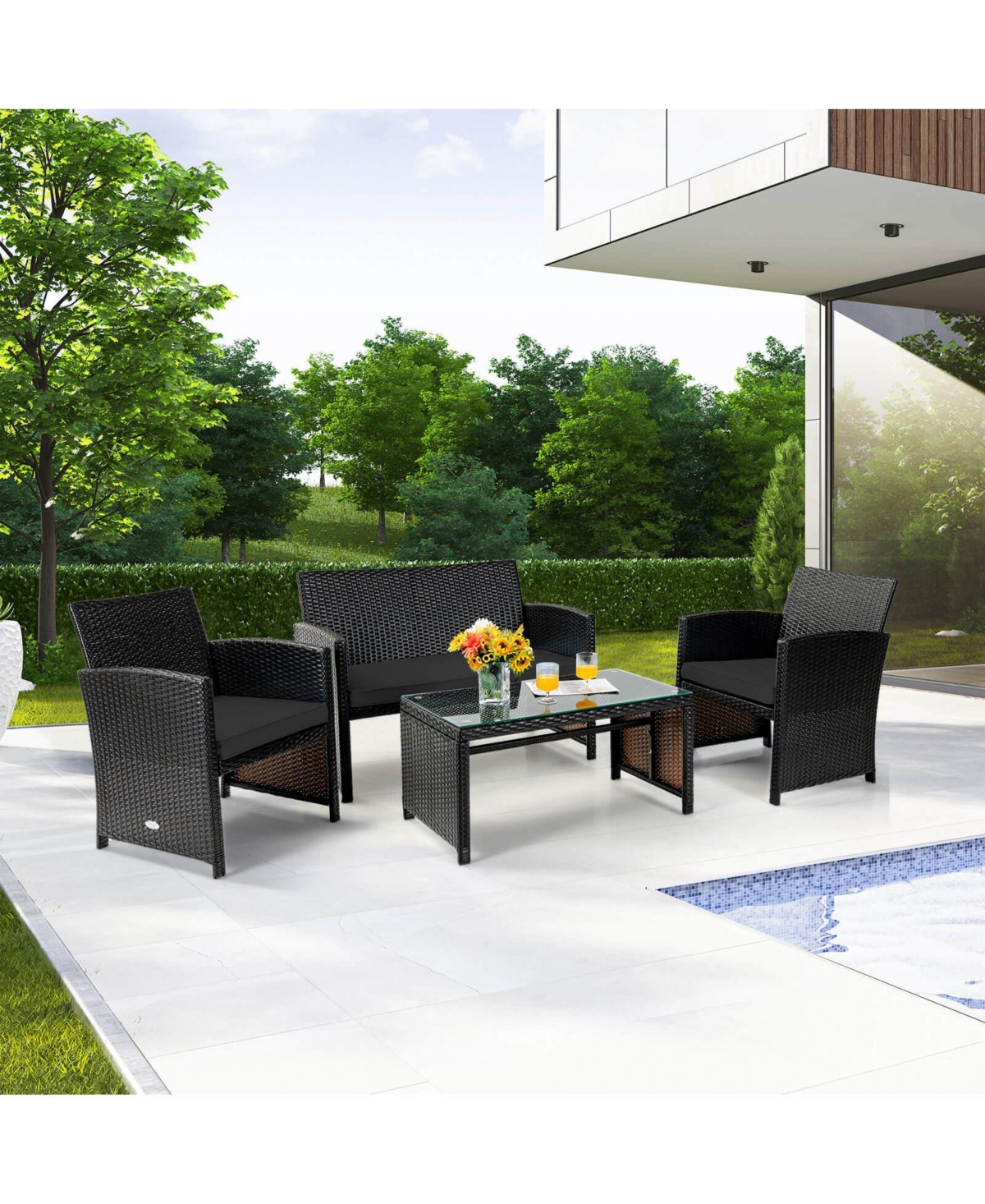 4PCS Patio Rattan Furniture Set Cushioned Chair Sofa Coffee Table