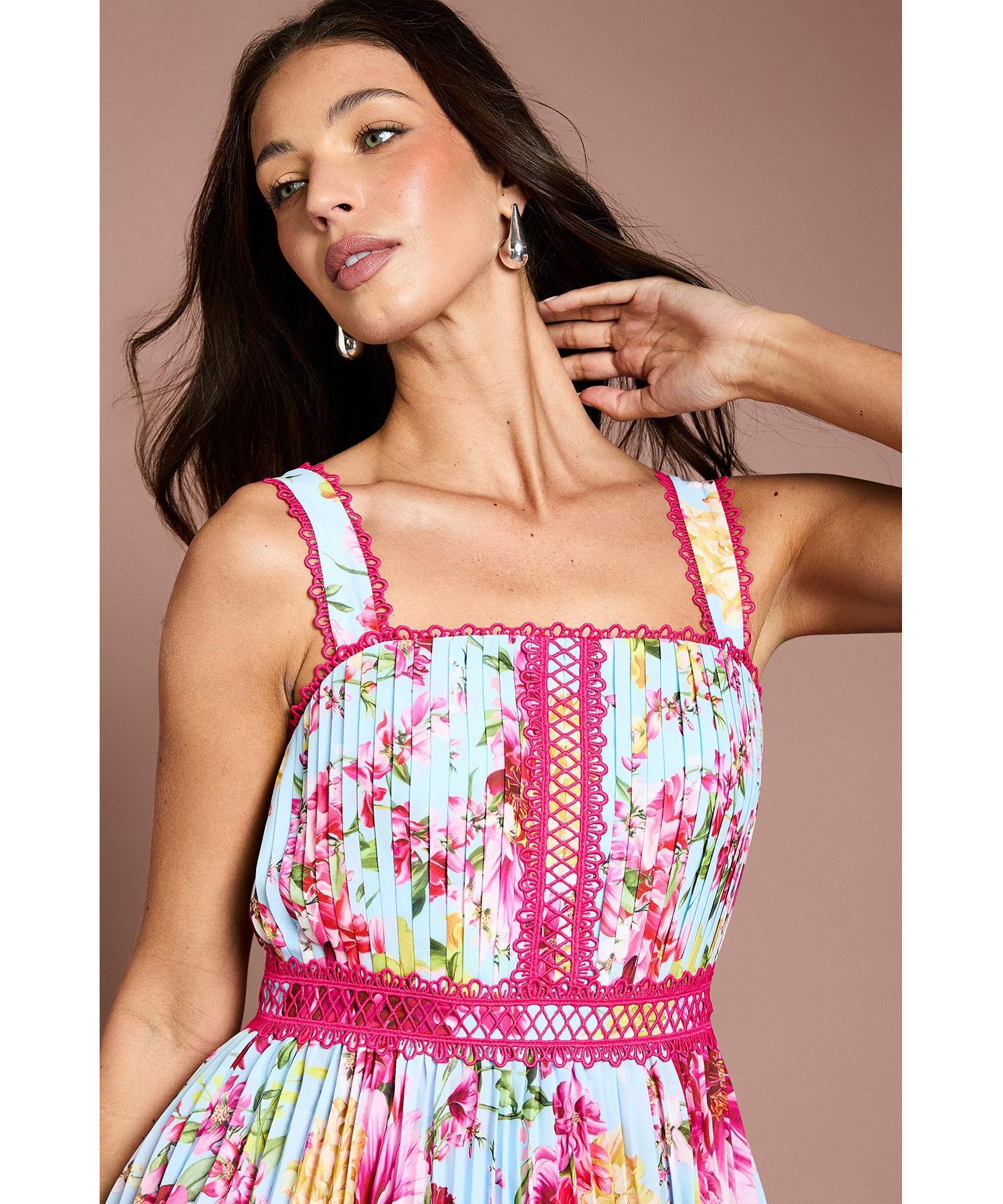 Women's Pleated Floral Square Neck Midi Dress