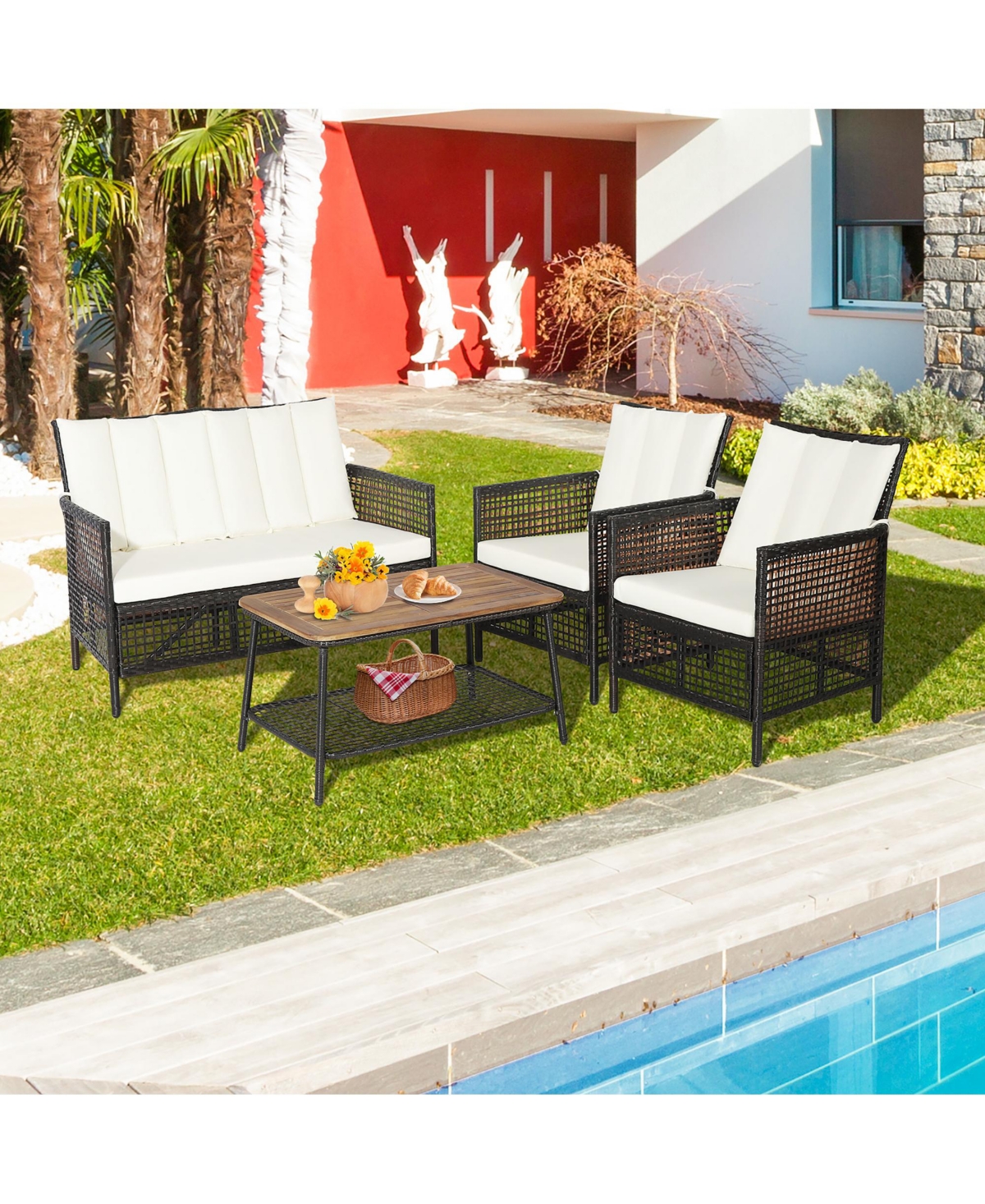 Costway 4Piece Patio Rattan Furniture Set Cushioned Chairs Wood Table Top With Shelf