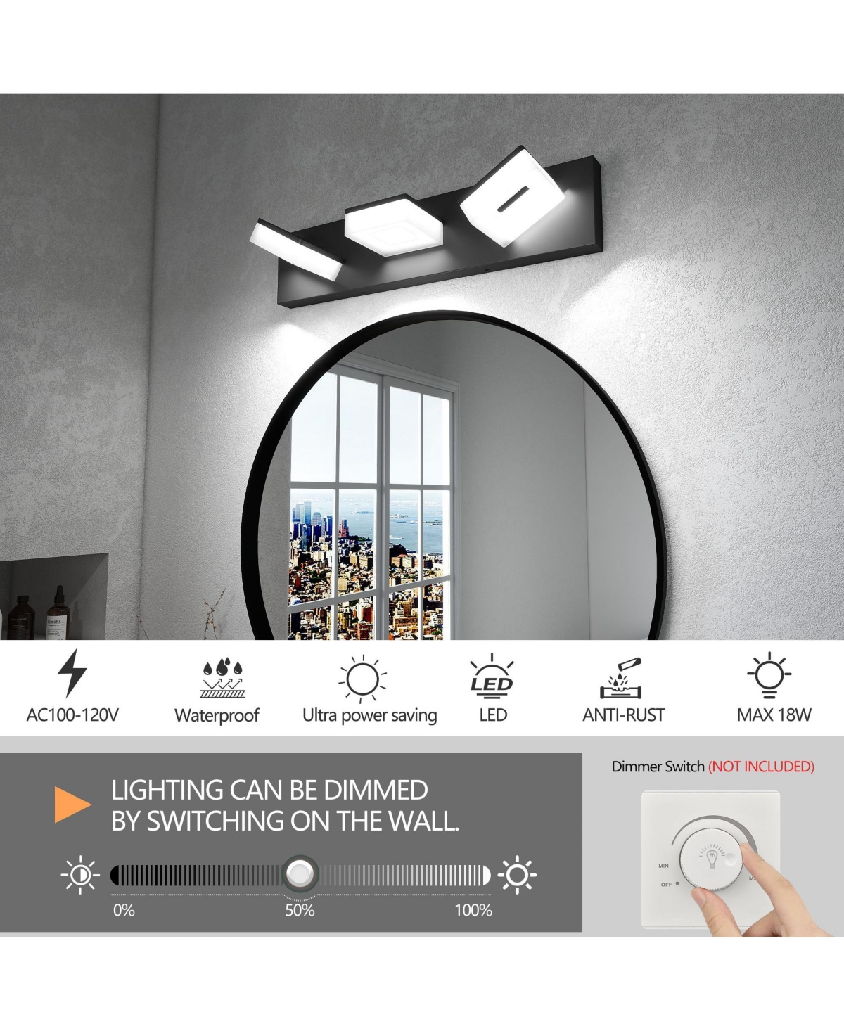Midola 3-Light, 20" Led Modern Bathroom Vanity Light Fixtures, Matte Black Modern Acrylic Bathroom Wall Lighting Fixtures Over Mirror