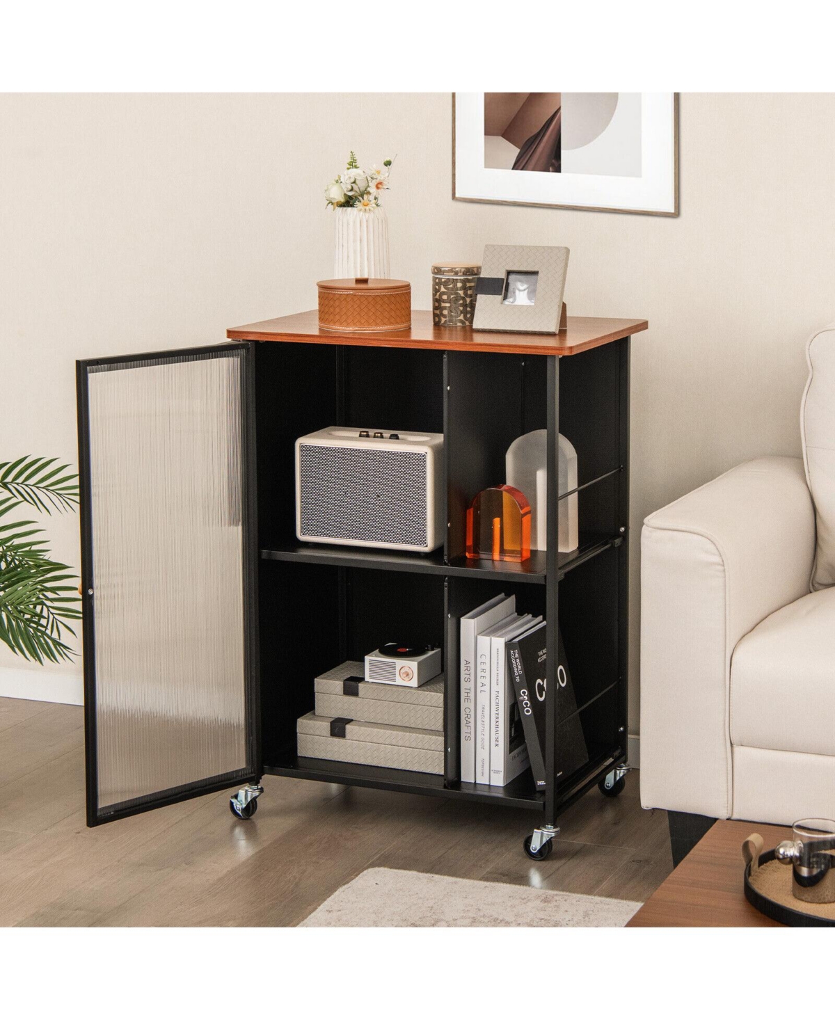 Gouun Mobile Serving Cart with Transparent-Door Cabinet, 360-Degree Casters and Towel Rack, 27.5 x 17 in