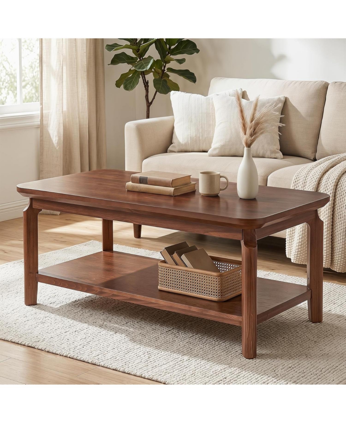 Tribesigns 47 Inch Coffee Table, Mid Century Modern Rectangular Center Table with Open Storage Shelf and Safe Rounded Corners for Living Room,Walnut