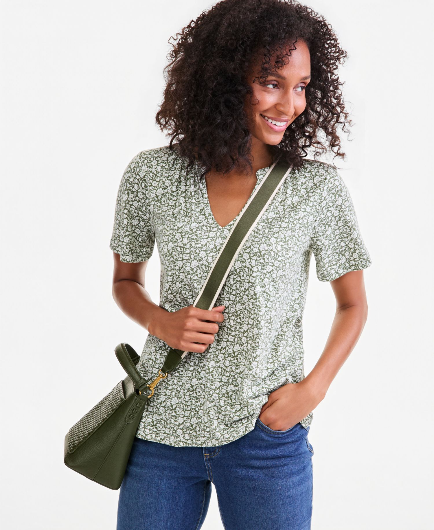 Petite Printed Split-Neck Flutter Sleeve Top