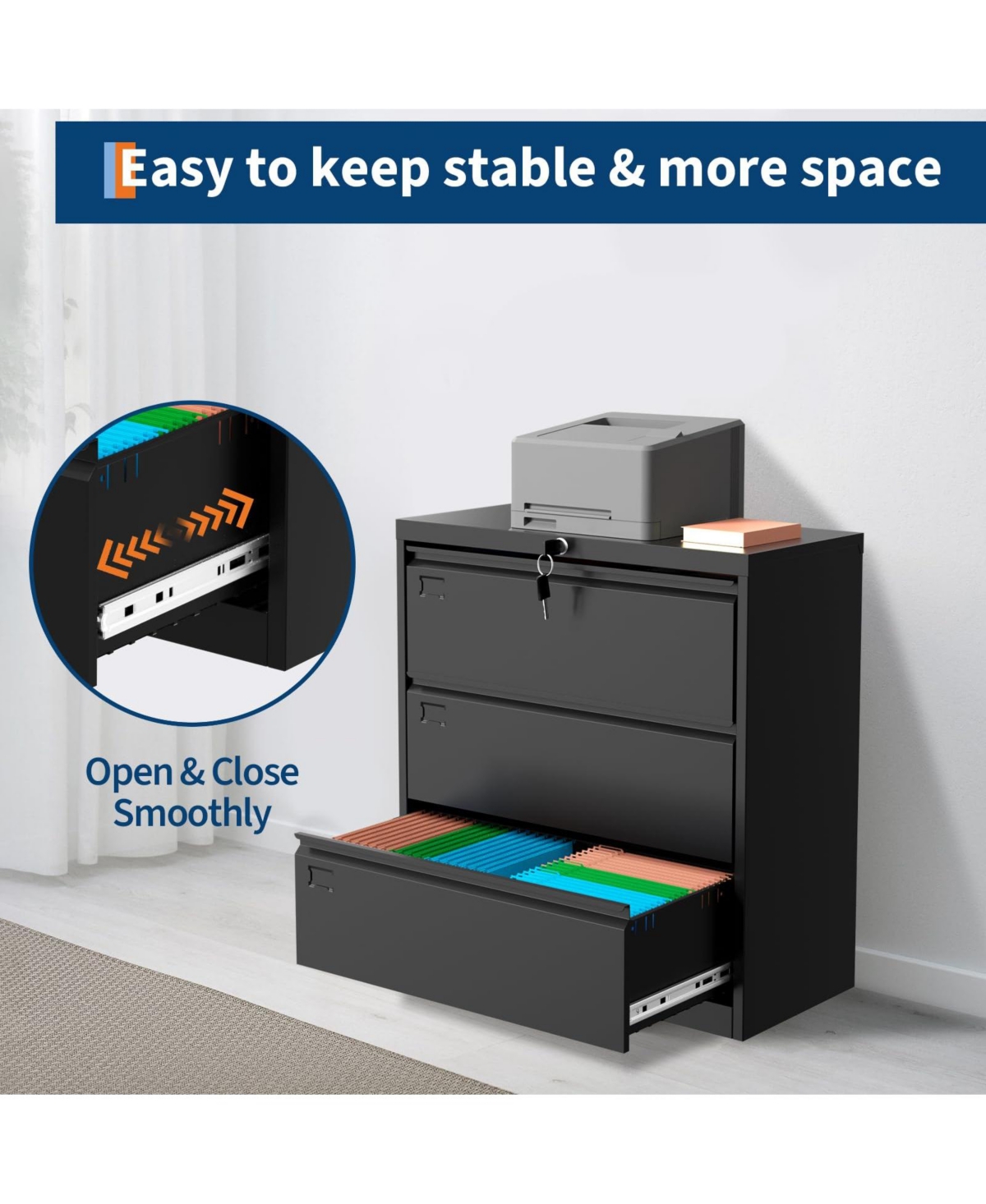 homfan 3 Drawer Lateral Filing Cabinet with Lock - Heavy Duty Metal File Organizer - Fits Letter/Legal/A4 Documents