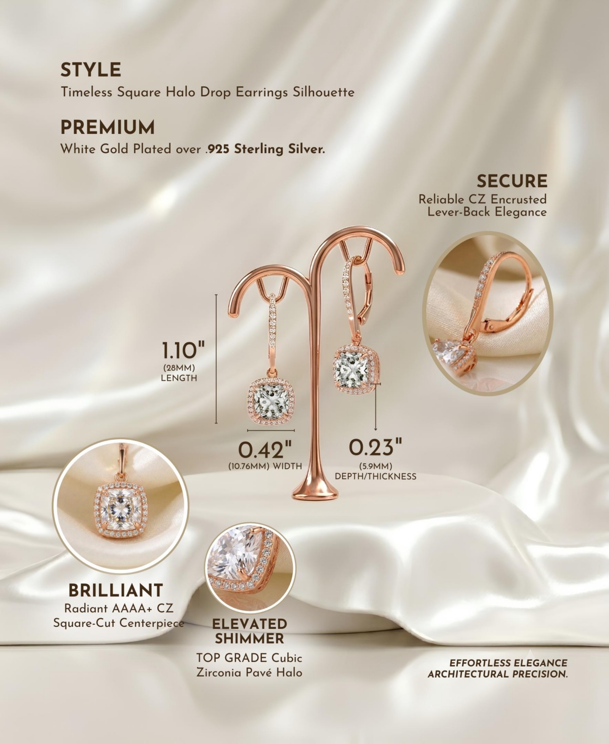 Sterling Silver with Clear Round and Radiant Cubic Zirconia Drop Earrings