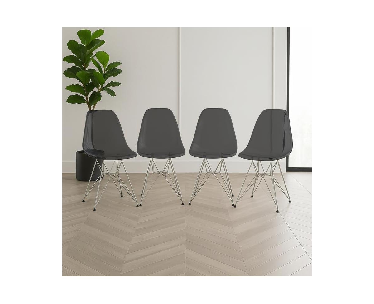 LeisureMod Cresco Acrylic Dining Chair Set of Chrome Eiffel Base and Curved Back Design