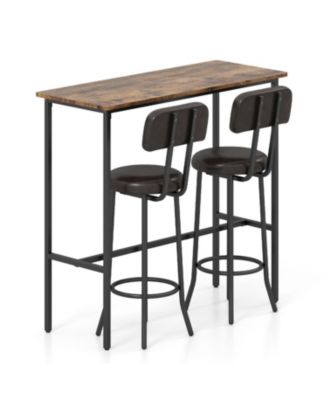 3 Piece Bar Table Set with 2 Stools, Upholstered Seats and Footrests