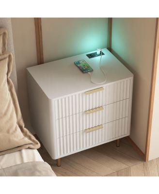 Modern Nightstand with Storage Cabinet, Charging Station, Bed Table with Night Light