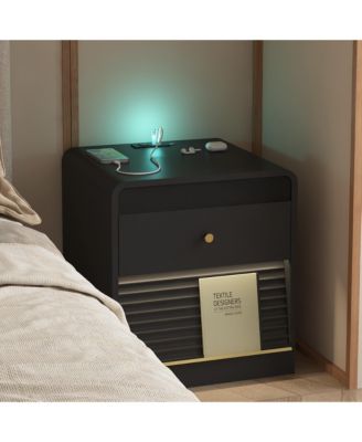 Modern Nightstand with Storage Cabinet, Bedside Tables with Led Light and Charging Station