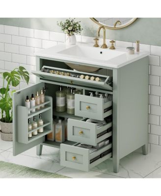 30 Inch Modern Bathroom Vanity with Storage Cabinet, Solid Wood Legs, Flip Drawer and Adjustable Shelves