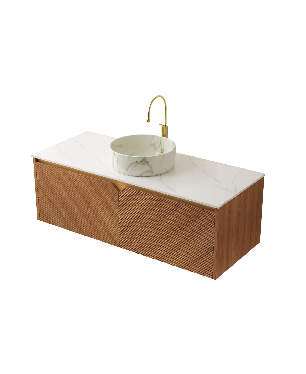 Sillysis Floating Bathroom Vanity with Ceramic Vessel Sink, Carrara Sintered Stone Top, Solid Wood Door