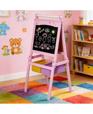 Kids Art Easel - Wooden 3-in-1 Double-Sided Whiteboard, Chalkboard and Paper Roll, with Dual Storage Baskets, Sturdy MDF Frame for Ages 3