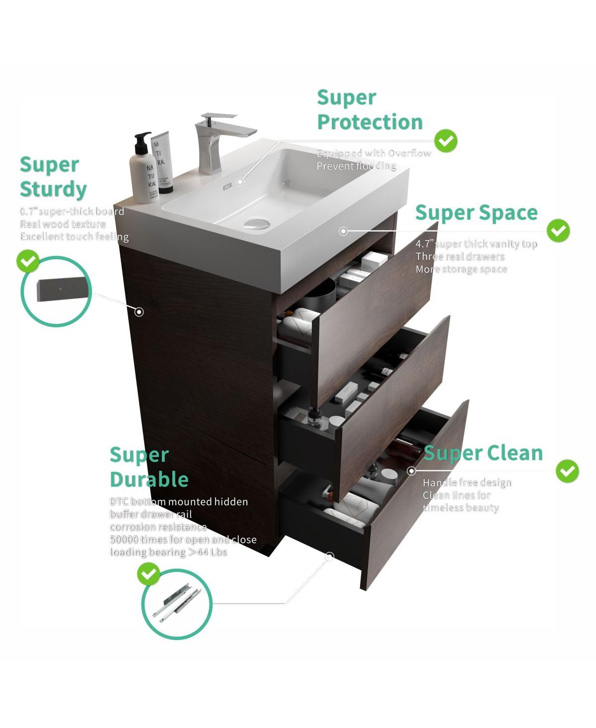 Sillysis Modern Bathroom Vanity with Stone Sink, Pre-assembled Soft Close 3 Drawers