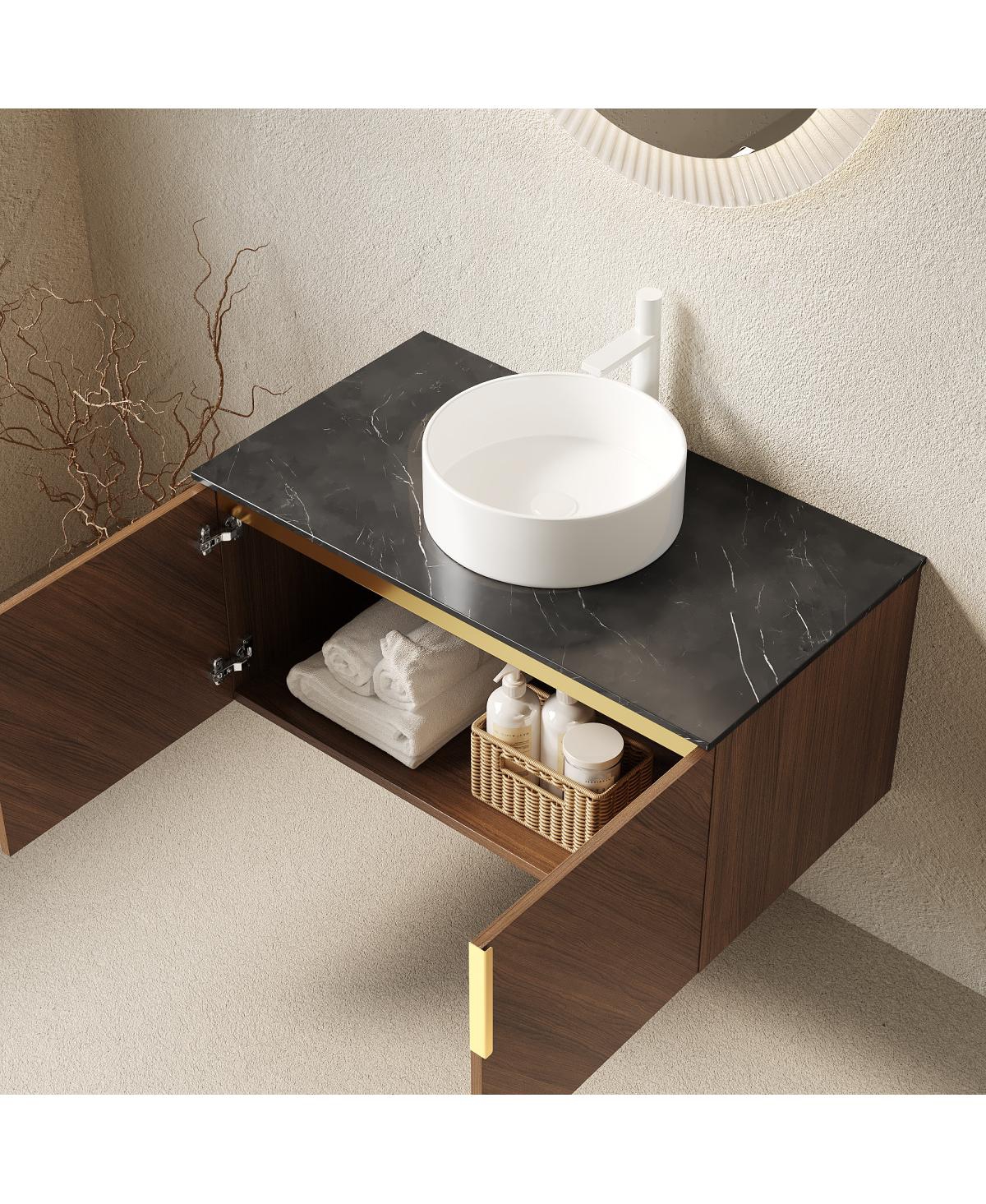 Sillysis Floating Bathroom Vanity Cabinet with Ceramic Vessel Sink, Sintered Stone Countertop, Large Storage