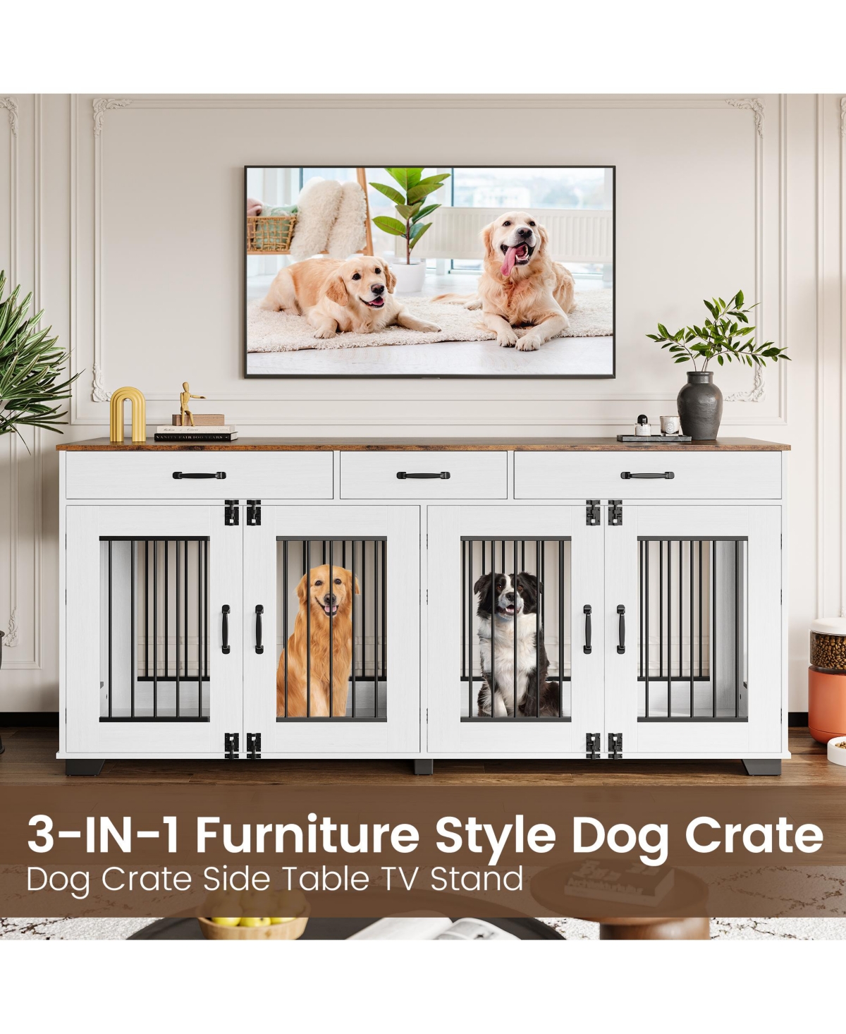 homfan 71-Inch Dog Crate Tv Stand with 3 Drawers, Large Media Console Kennel with Divider for 2 Dogs, Indoor Wooden Tv Stand