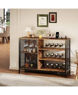 Industrial Wine Bar Cabinet with LED Lights and Power Outlets, Liquor Cabinet with Mesh Doors and Storage Shelves