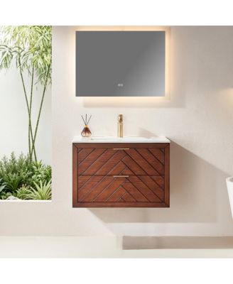 Floating Bathroom Vanity with Ceramic Sink, Wall Mounted Modern Cabinet, Deep Drawers for Storage, Fully Assembled