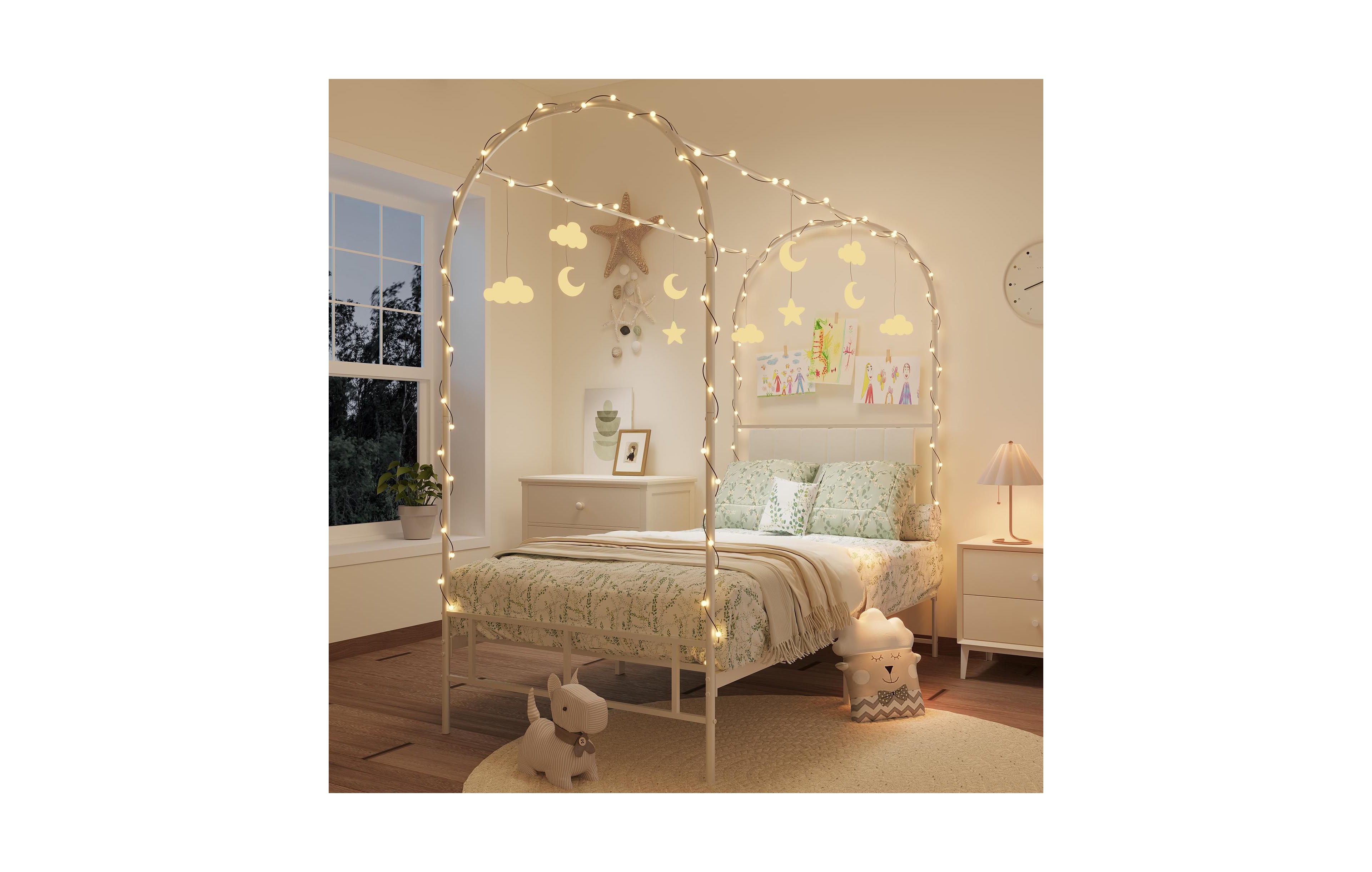 homfan Twin Canopy Bed Frame, Metal Canopy Bed with Upholstered Headboard and Under Bed Storage for Bedroom