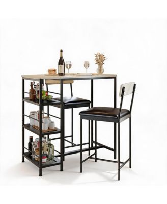 3-Piece Industrial Style Counter Height Dining Set for 2, Narrow Kitchen Table with 2 Upholstered Stools and 3-Tier Storage