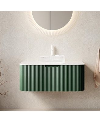 Wall-Mounted Bathroom Vanity with Crystal Glass Sink, Sintered Stone Top, Soft Close Drawer, Pre-Assembled Stripe Cabinet