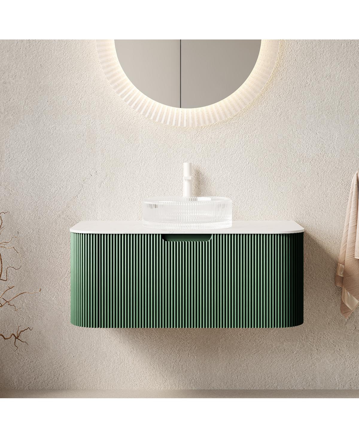 Sillysis Wall-Mounted Bathroom Vanity with Crystal Glass Sink, Sintered Stone Top, Soft Close Drawer