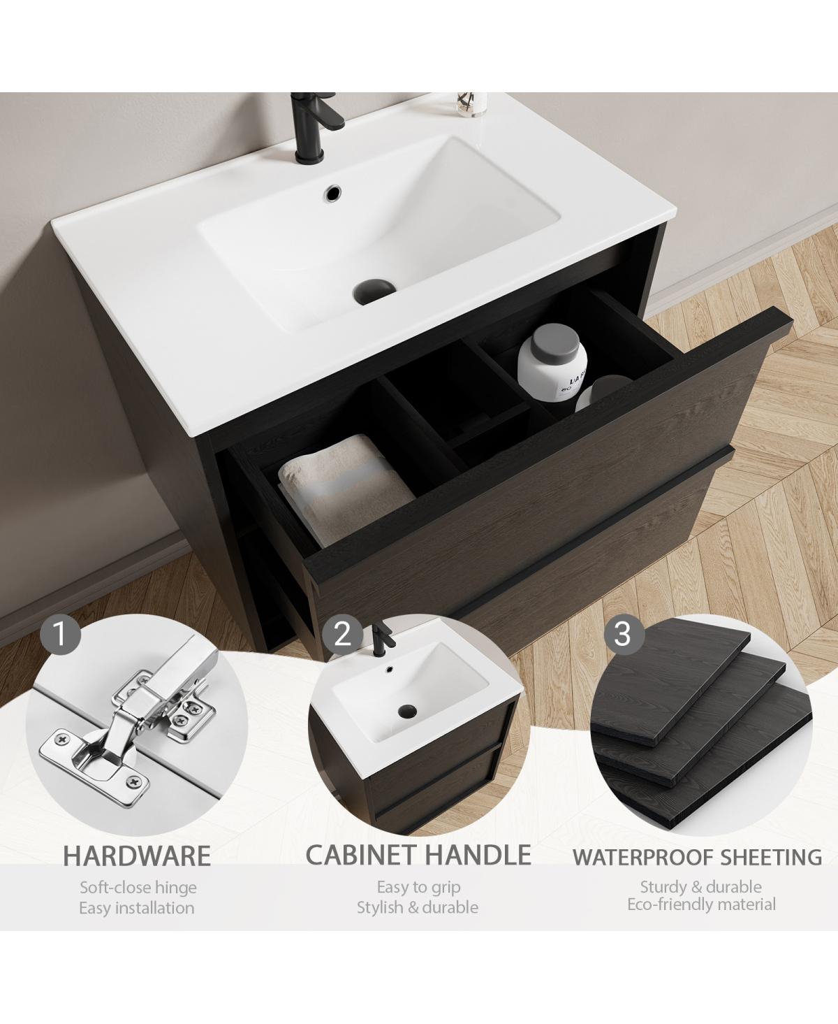 Sillysis Wall Mounted Bathroom Vanity with Ceramic Sink, Soft Close Drawers, Floating Black Cabinet