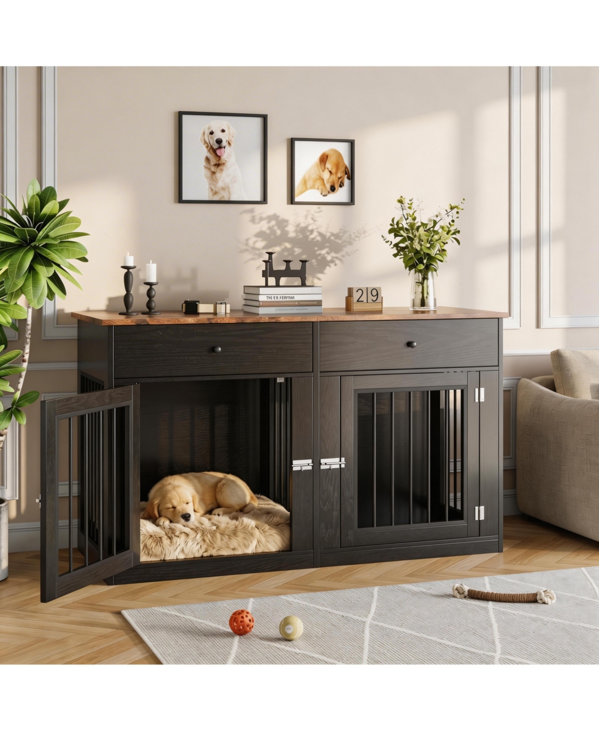 homfan Dog Crate Tv Stand, Heavy Duty Pet Kennel Furniture with 2 Drawers, Indoor Dog Cage End Table for Small to Medium Dogs - Black