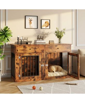 Dog Crate TV Stand, Heavy Duty Pet Kennel Furniture with 2 Drawers, Indoor Dog Cage End Table for Small to Medium Dogs